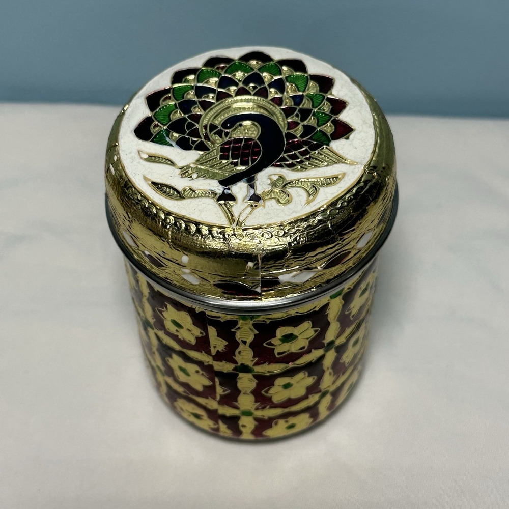 Meenakari Stainless Steel Box Peacock Lid Indian Decorative Canister Dabba